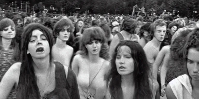 Prompt: photorealistic documentary style cinematography of sexy flowerchild women at the 1 9 6 9 woodstock festival shot on 1 6 mm eastman 7 2 5 4 film with a angenieux 1 2 - 1 2 0 mm zoom lens shot at magic hour by cinematographers, malcolm hart, don lenzer, michael margetts, david myers, richard pearce, michael wadleigh