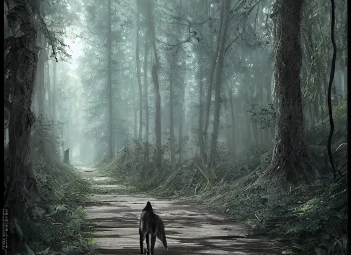 Image similar to a beautiful wolf on a pathway in a forest, lush trees, a fantasy digital painting by greg rutkowski and james gurney, trending on artstation, highly detailed