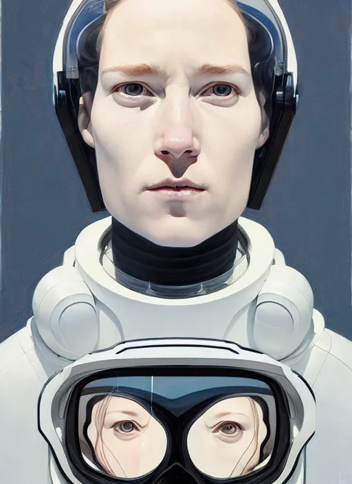 Prompt: artwork by james jean and Phil noto; a close up on the face of a beautiful man and woman in a future space suit; wearing futuristic astronaut helmet; highly detailed; pretty eyes; circular black pupils; artwork by james jean and Phil noto