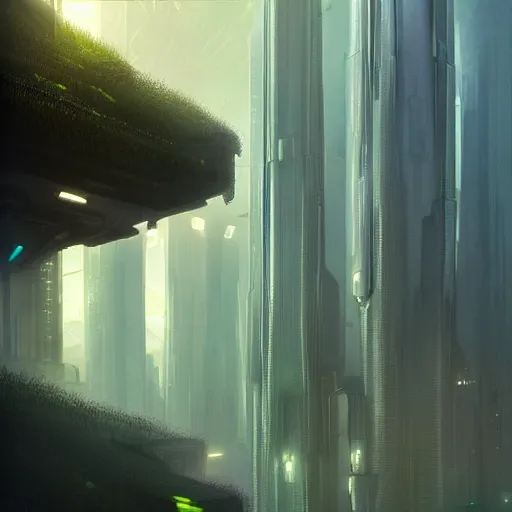 Image similar to a futuristic city scape of vertical organic farms, breeding, growing, cellular structures, epic landscape, endless towering science fiction towers, misty, in the style of john harris