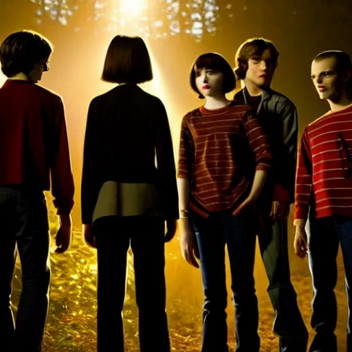 Image similar to Twilight cast in Stranger Things, photorealistic, dramatic lighting, soft, sharp focus