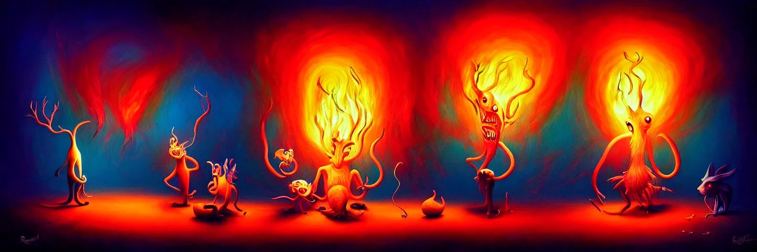 Prompt: whimsical creature freaks from the depths of the collective unconsciouis, dramatic lighting from fire glow, surreal darkly colorful painting by ronny khalil