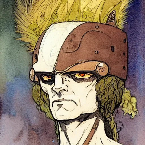 Prompt: a simple and atmospheric watercolour fantasy character concept art portrait of an android soldier with a pomeranian head as a druidic warrior wizard looking at the camera with an intelligent gaze, very muted colors, by rebecca guay, michael kaluta, charles vess and jean moebius giraud