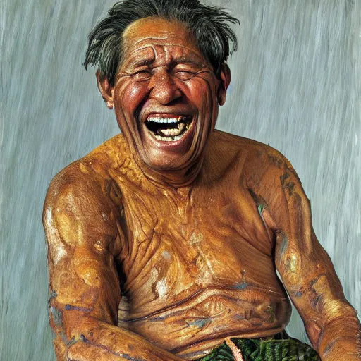 Image similar to high quality high detail painting by lucian freud, hd, portrait of a indigenous tribe leader laughing, photorealistic lighting