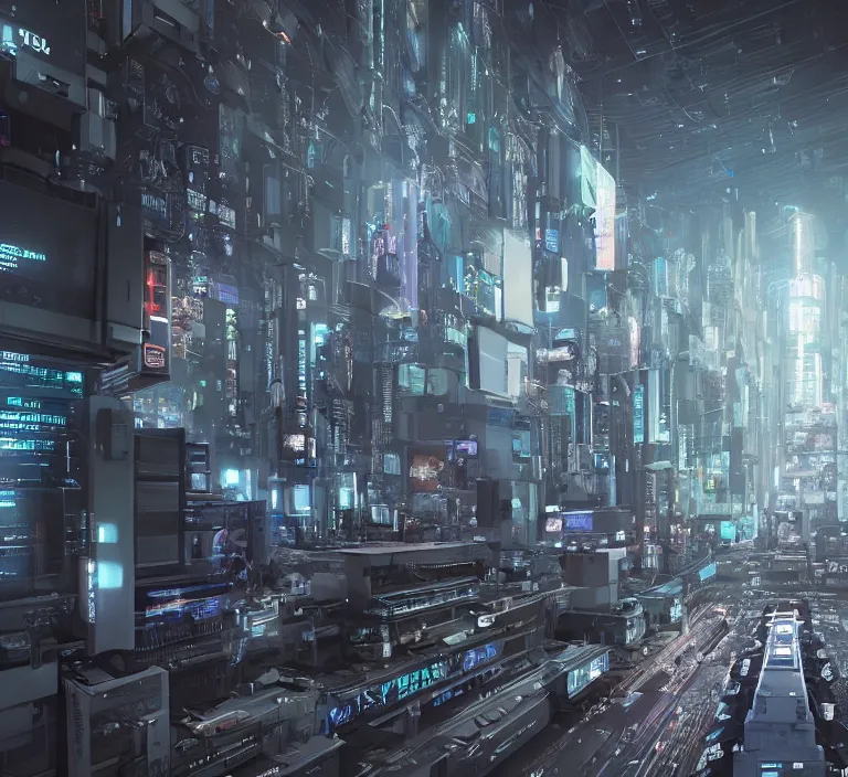 Image similar to hyperrealism stock photography of highly detailed stylish robot in cyberpunk sci - fi style by gragory crewdson and katsuhiro otomo, mike winkelmann with many details by josan gonzalez working at the highly detailed data center by mike winkelmann and laurie greasley hyperrealism stock photo on dsmc 3 system rendered in blender and octane render