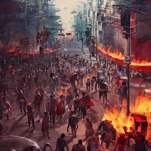 Image similar to crowded streets of manila turned hell filled with poverty, beggars and crime, demonic, hell, burning, suffering, depressing image, unreal engine, artstation hd
