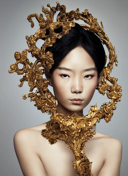 Image similar to a portrait of asian female by stefan geselle and nekro borja, hyper realistic, fantasy, elegant, baroque gold headpiece, photorealistic, canon r 3, photography, wide shot, symmetrical features, symmetrical pose, wide angle shot, head to toe, standing pose, feet on the ground, wearable art