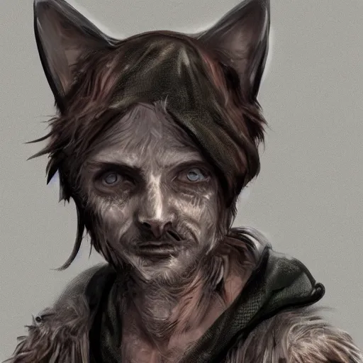 Image similar to dirty homeless humanoid cat wearing rags, concept art, d & d, fantasy, trending on artstation