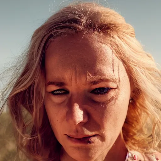 Prompt: Midsommar cult portrait of woman with blond hair crying under harsh sunlight cinematic lighting film still
