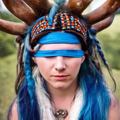 Image similar to A young female shaman, blue hair and antlers on her head. blindfolded, heilung, in the style of Heather