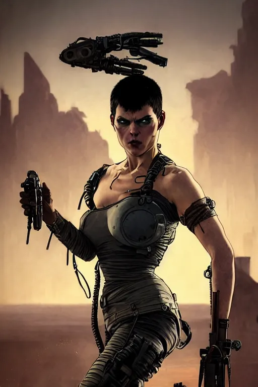 Image similar to gta furiosa as aeon flux profile picture by greg rutkowski, mad max, dynamic pose, intricate, futuristic, fantasy, elegant, by stanley artgerm lau, greg rutkowski, thomas kindkade, alphonse mucha, loish, norman rockwell, fantasy lut, asymmetric, long hair, retro computer graphics, video game, fluid lines,