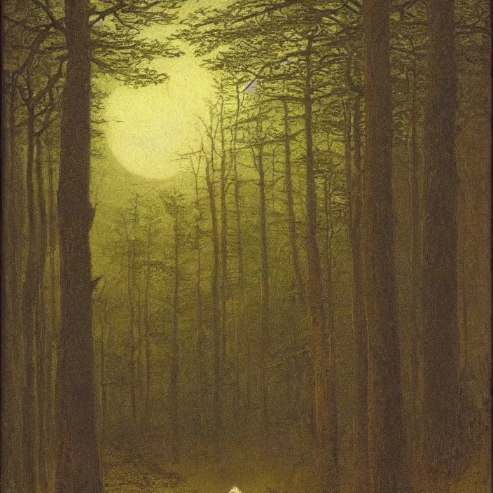 Image similar to painting of a woman lost in the woods by caspar david friedrich, at night