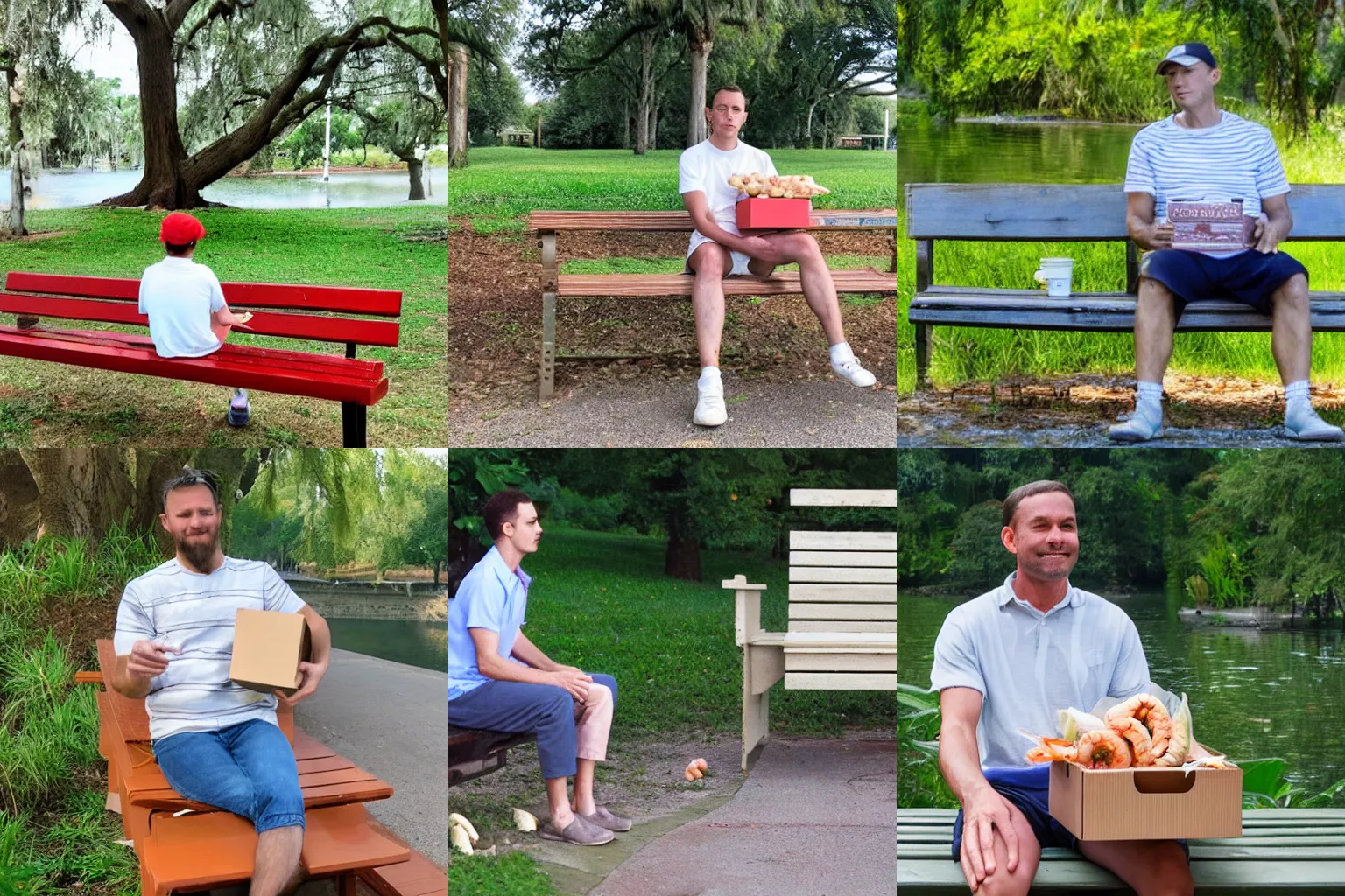 Prompt: forest gump with a box of shrimp, sitting on a bench