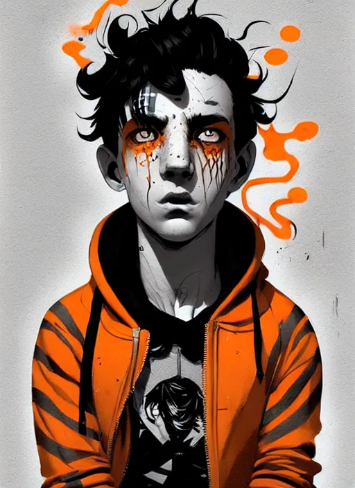 Prompt: highly detailed portrait of a sewer punk ricardo milos, tartan hoody, ringlet hair by atey ghailan, by greg rutkowski, by greg tocchini, by james gilleard, by joe fenton, by kaethe butcher, gradient orange, black, cream and white color scheme, grunge aesthetic!!! ( ( graffiti tag wall background ) )