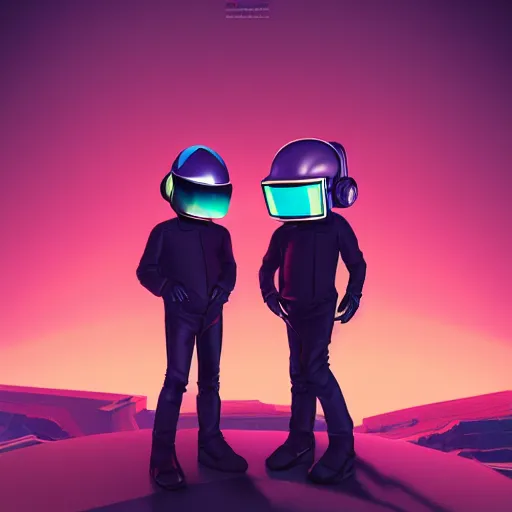 Image similar to miniature daft punk kids standing back to back, twilight zone background, illustration, artgerm, octane render, inspired by Greg rutkowski, colorful, studio lighting, full body,