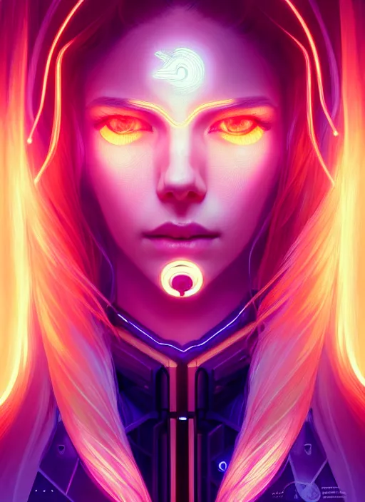 Image similar to symmetry!! portrait of woman with long flaming blonde hair, sci - fi, tech wear, glowing lights!! intricate, elegant, highly detailed, digital painting, artstation, concept art, smooth, sharp focus, illustration, art by artgerm and greg rutkowski and alphonse mucha, 8 k