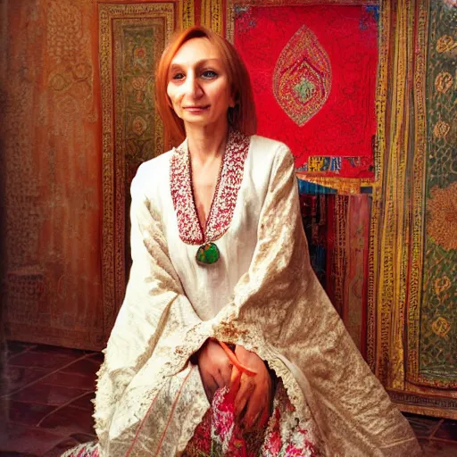 Image similar to Iranian Michelle Houellebecq wearing traditional persian clothes, realistic, photo studio, HDR, 8k, trending on artstation