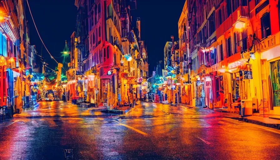 Prompt: a beautiful colorful city street at night