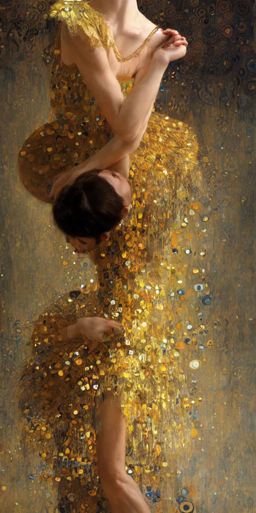 Image similar to an intricate portrait painting of an artistic pose young beautiful ballerina, klimt golden motives and textures, hyper - detailed, octane render, vivid colors, artstation, by jeremy mann, by gustav klimt