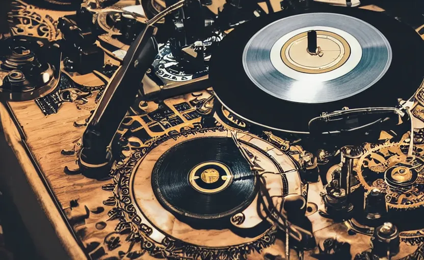 Prompt: a person doing turntablism dj scratching on a retro steampunk clockwork mixing board and record player, intricate carved wood, planetary gears, complex contraption, wearing old school headphones and visor, cinematix, imax, sharp focus, hyper detail