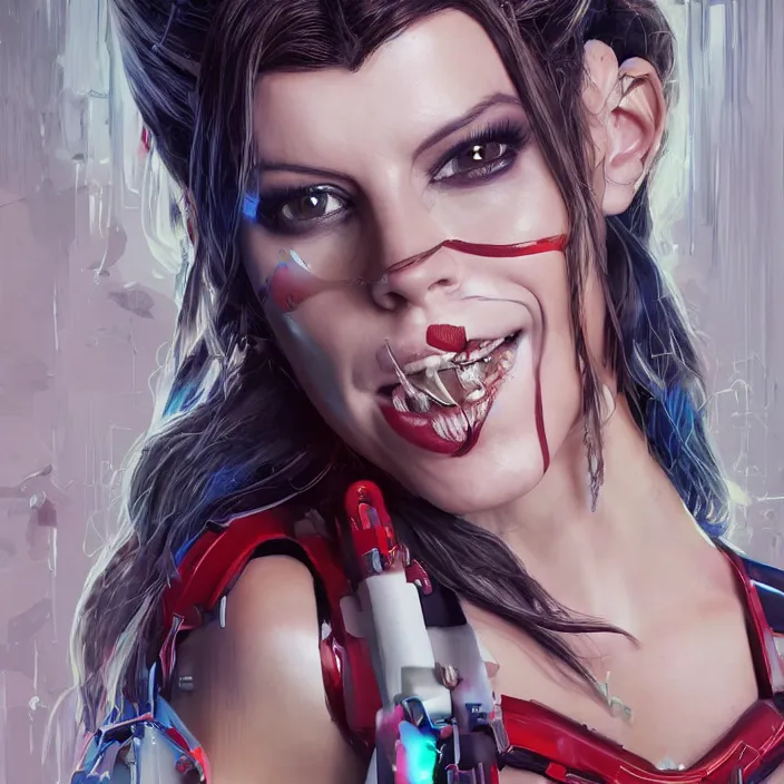 Prompt: portrait of Kate Beckinsale as a harley quinn. intricate abstract. intricate artwork. by Tooth Wu, wlop, beeple, dan mumford. octane render, trending on artstation, greg rutkowski very coherent symmetrical artwork. cinematic, hyper realism, high detail, octane render, 8k, iridescent accents