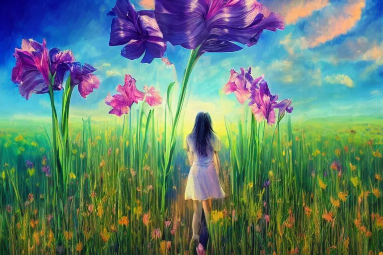 Image similar to giant gladiola head, girl walking in field of flowers, surreal photography, sunrise, blue sky, dramatic light, impressionist painting, digital painting, artstation, simon stalenhag