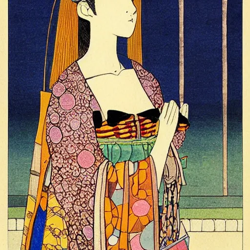 Image similar to interesting maximalist elaborate portrait of a beautiful medieval girl, in the style of kawase hasui and paul klee HD