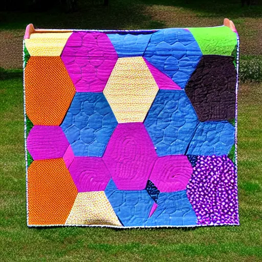 Prompt: a hexagonal patchwork quilt composed of hexagonal patches depicting body parts