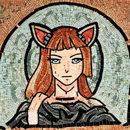 Prompt: roman mosaic of an anime girl with cat ears