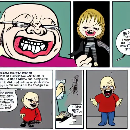 Prompt: george rr martin in a cartoon strip talking to a screaming chucky doll