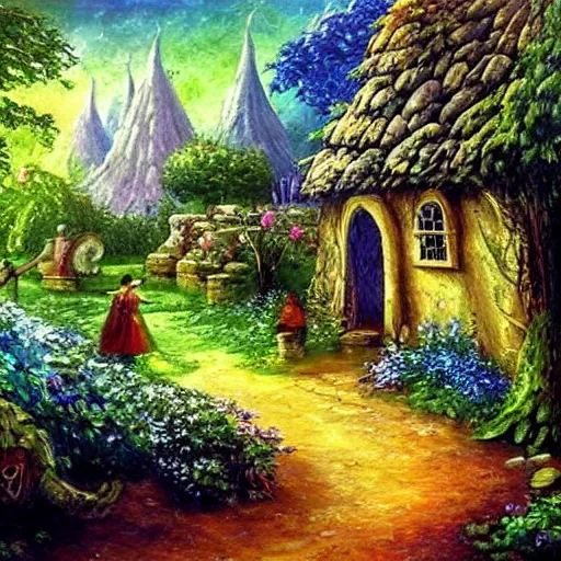 Image similar to garden in an elven village, fantasy, oil painting, ethereal