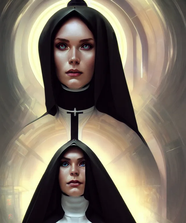 Prompt: futuristic nun woman portrait, sci-fi, amber eyes, face, long hair, fantasy, intricate, elegant, highly detailed, digital painting, artstation, concept art, smooth, sharp focus, illustration, art by artgerm and greg rutkowski and alphonse mucha