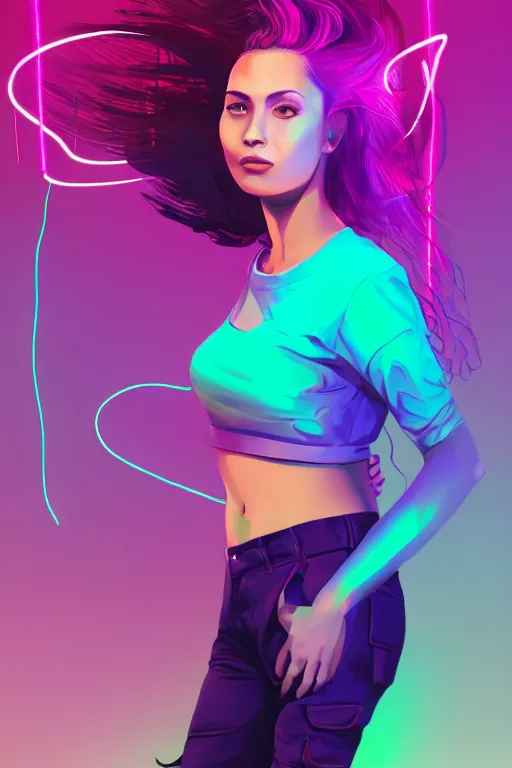 Prompt: a award winning half body portrait of a beautiful woman in a croptop and cargo pants with ombre purple pink teal hairstyle and hands in pockets by thomas danthony, surrounded by whirling illuminated lines, outrun, vaporware, shaded flat illustration, digital art, trending on artstation, highly detailed, fine detail, intricate