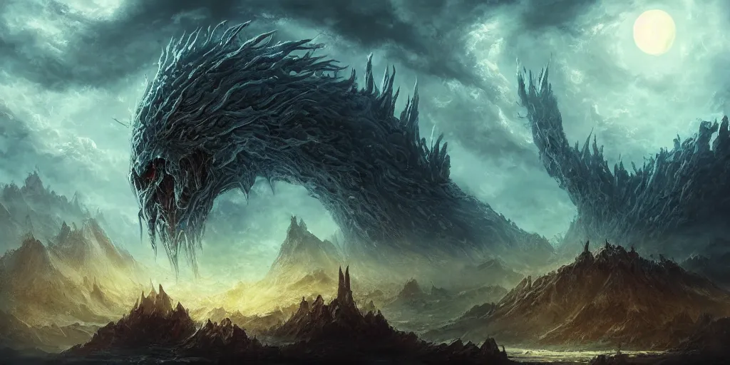 Prompt: concept art of giant kaiju, japanese, roaring, melting horror, round moon, rich clouds, fighting the horrors of the unknown, mirrors, very detailed, volumetric light, mist, grim, fine art, decaying, textured oil over canvas, epic fantasy art, very colorful, ornate scales, anato finnstark