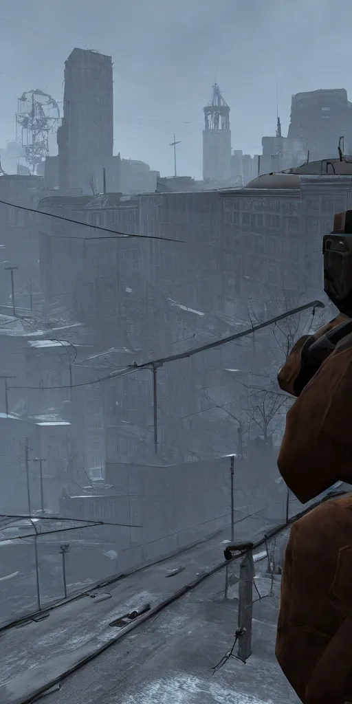 Image similar to half - life 2, city 1 7, eastern europe city, post ussr, citadel in view, extra long shot