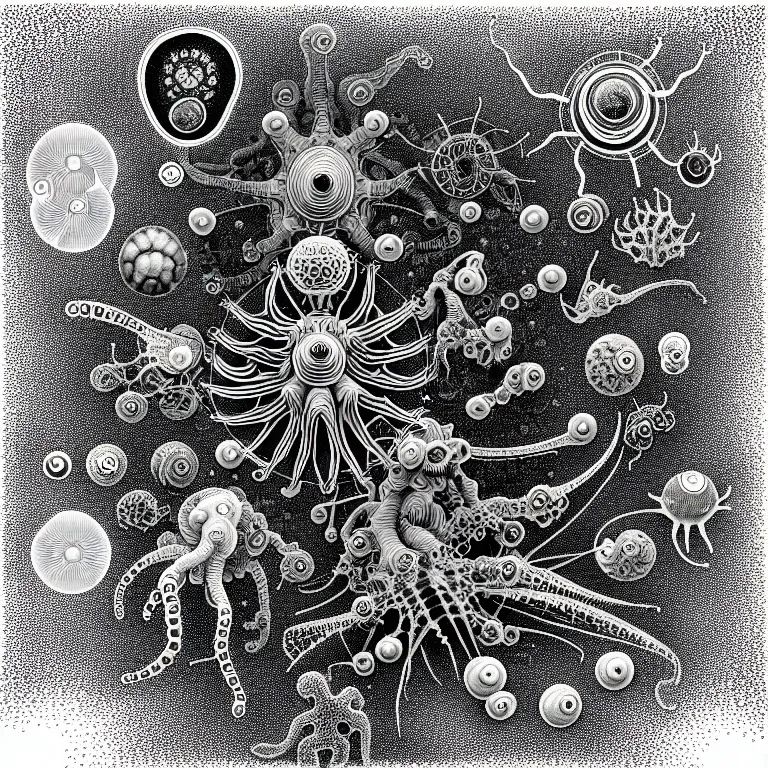 Image similar to a black and white drawing of a variety of sea life and filled with gundam mech equipment space station, a microscopic photo by ernst haeckel, zbrush central, kinetic pointillism, bioluminescence, biomechanical, intricate patterns, photoillustration