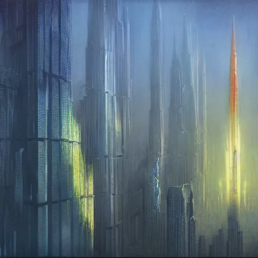 Prompt: towering spires of buildings, cyberpunk bladerunner style, beksinski and star wars style painting