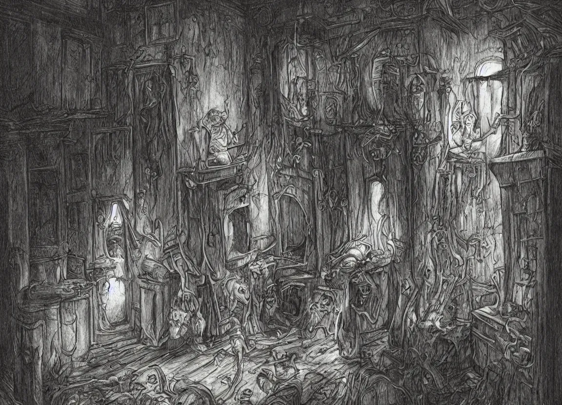 Image similar to a poltergeist inside a creepy haunted house in the style of terese nielsen