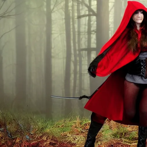 Image similar to full body photo of red riding hood as a werewolf hunter