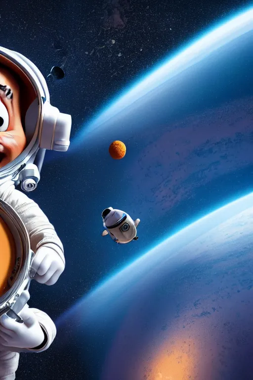 Image similar to portrait of a astronaut holding a cup of coffee with the space in background, full body. pixar disney 4 k 3 d render funny animation movie oscar winning trending on artstation and behance, ratatouille style