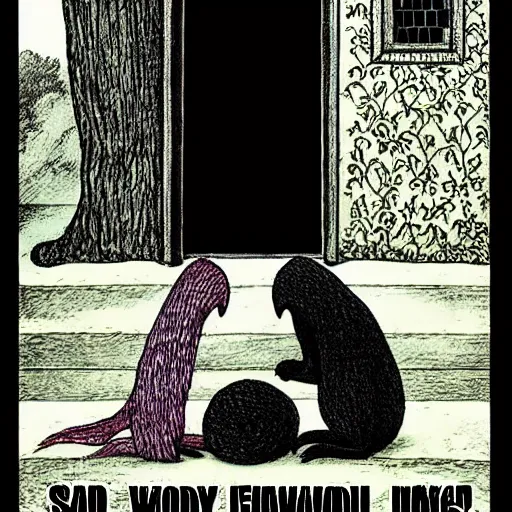 Prompt: sad farewell. illustrated by edward gorey, mikko ;