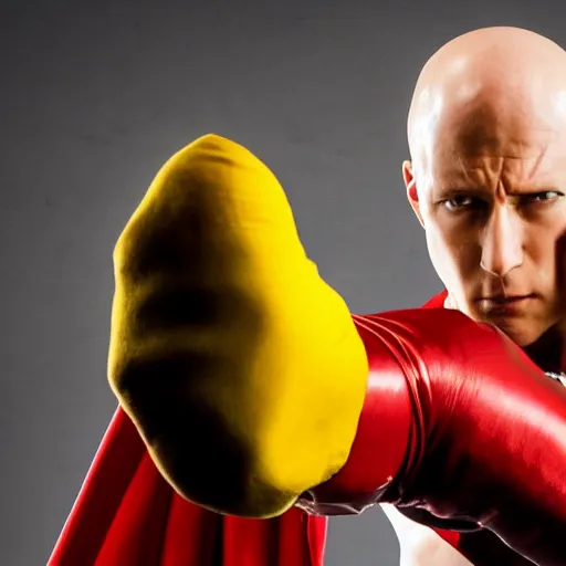 Image similar to One Punch man, action photograph, charging up a red fiery punch, bald man, serious face , long flowing cape, yellow jumpsuit