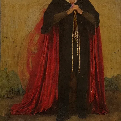 Prompt: a man wearing a long cloak and hood, holding golden chains, oil painting, portrait, high detail