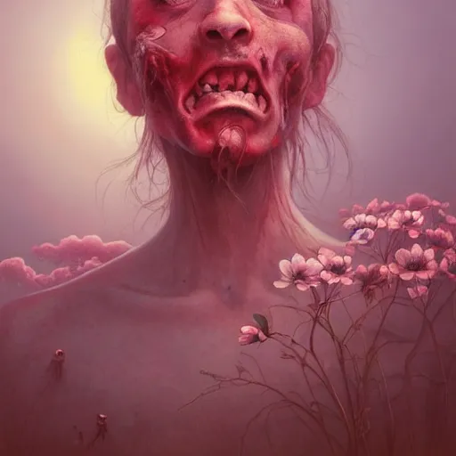 Image similar to a nature portrait of a p - zombie!!! natural lighting art dawn. highly detailed. colourful. moody. artstation, 4 k, by gerald brom zdzisław beksinski, and ansel adams and studio ghibli, horror, lots of sakura flowers, lovely