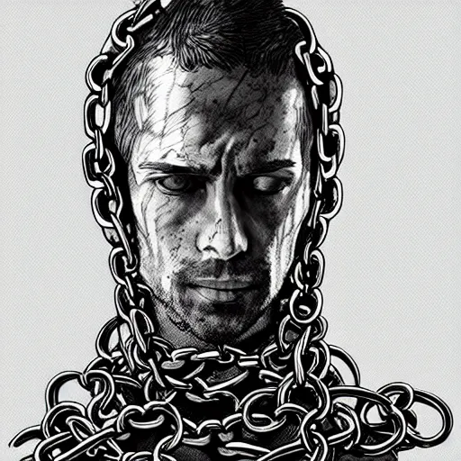 Image similar to A PORTRAIT FROM BEHIND OF A MAN ,THE THE MAN IS WRAPPED IN CHAINS ,detailed, concept art, ink style , sketch