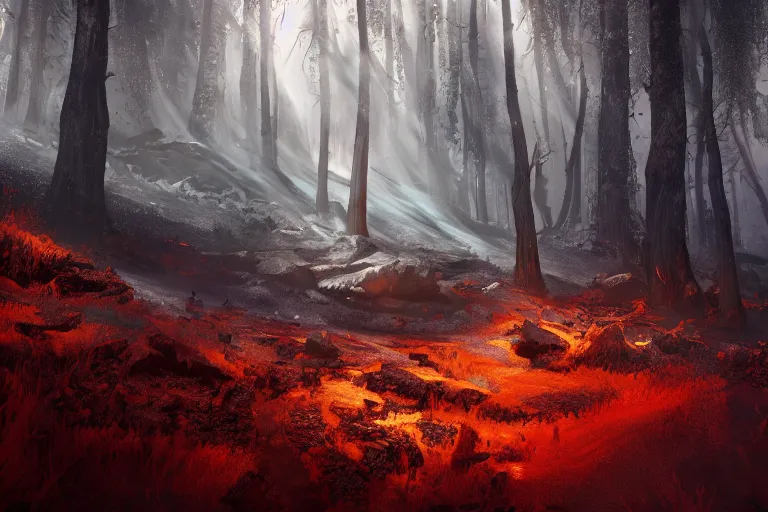 Image similar to a beautiful yet scary forest below etna, hyper detailed, orange red blue tones dramatic lighting, cgsociety, realistic, hyper detailed, insane details, intricate, dramatic lighting, hypermaximalist, golden ratio, rule of thirds, octane render, weta digital, micro details, ultra wide angle, artstation trending, 8 k,