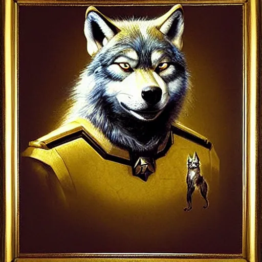 Image similar to a portrait of a wolf dogman canine star trek chief engineer. highly detailed painting by gaston bussiere, craig mullins, j. c. leyendecker, furry