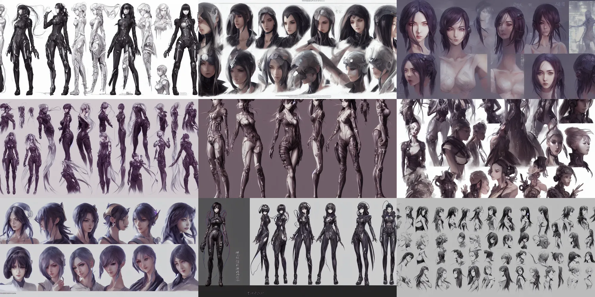 Prompt: concept character sheet, beautiful anime style women with a gorgeous symmetrical faces and bodies, cyberpunk, sci - fi, fantasy, intricate, elegant, highly detailed, digital painting, artstation, concept art, smooth, sharp focus, illustration, beautiful light and shadows, art by artgerm and greg rutkowski and krenz cushart and wlop