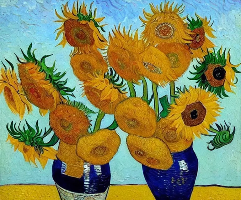 Image similar to sunflowers, van gogh, water painting, bright colors, sunlight, happy, peaceful, serene, joy