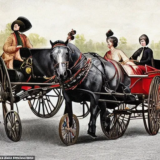 Prompt: lady catherine de bourgh from pride and prejudice drives her barouche box pulled by two horses on the formula 1 circuit of le mans. she is surrounded by ferrari cars one of them driven by steve mcqueen. cinematic, technicolor, highly intricate